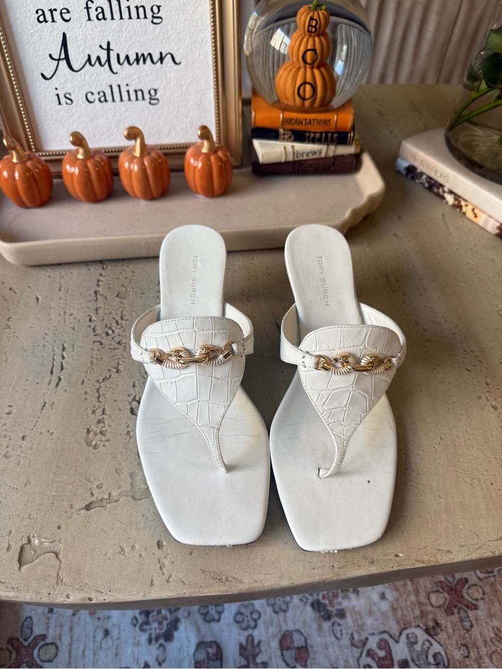 Tory Burch White Croc-Embossed Thong Sandals with Gold Chain